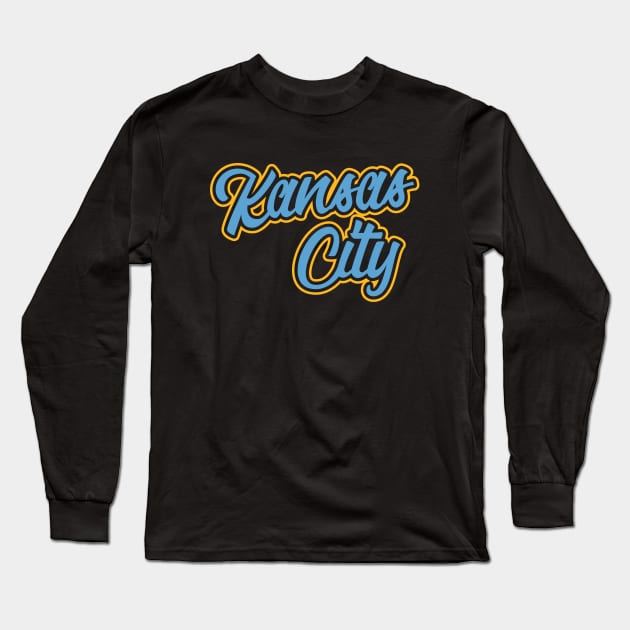 Vintage Kansas City Baby Blue And Yellow Script For KCMO Locals Long Sleeve T-Shirt by eighttwentythreetees